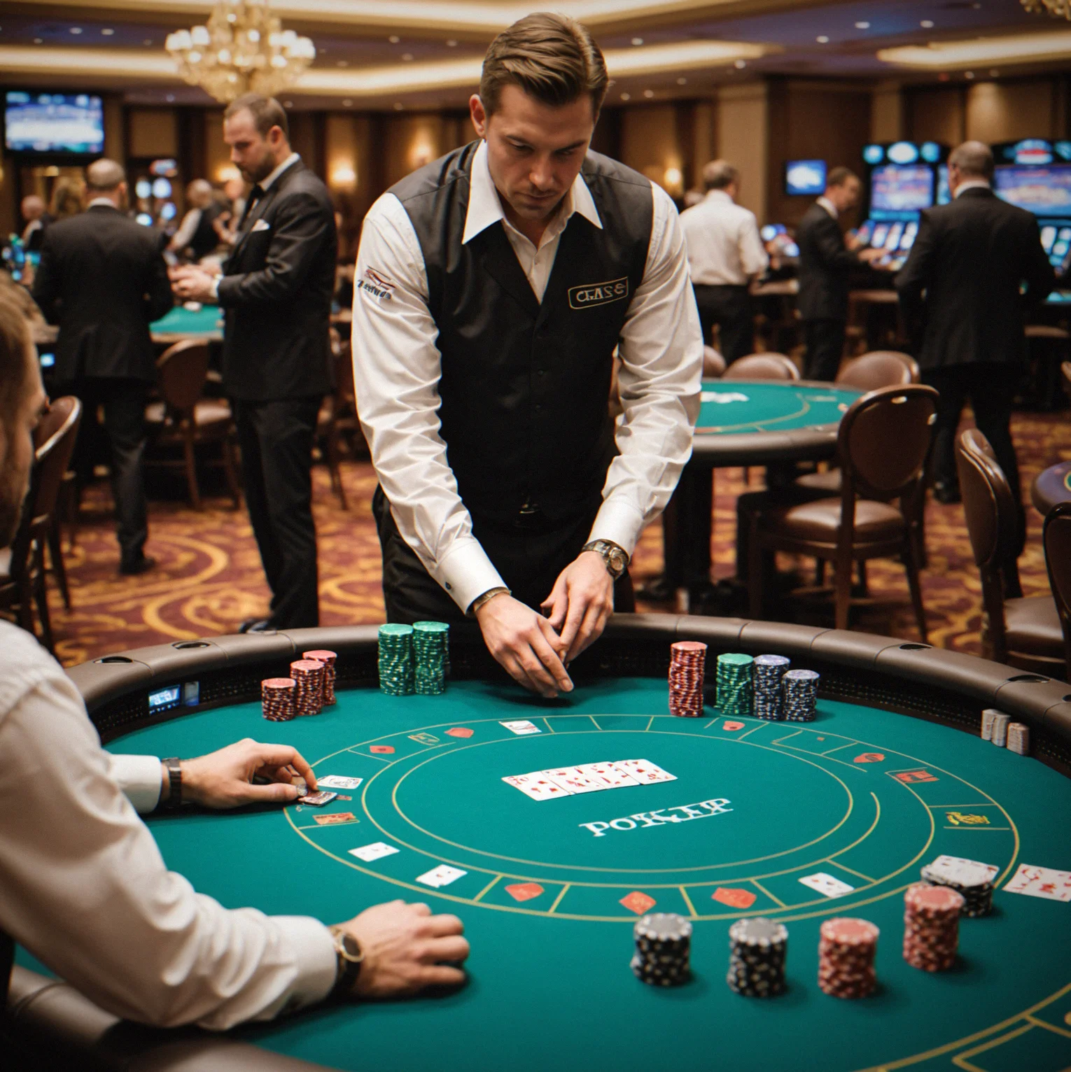 Event staff setting up professional poker tables with equipment and chip organization