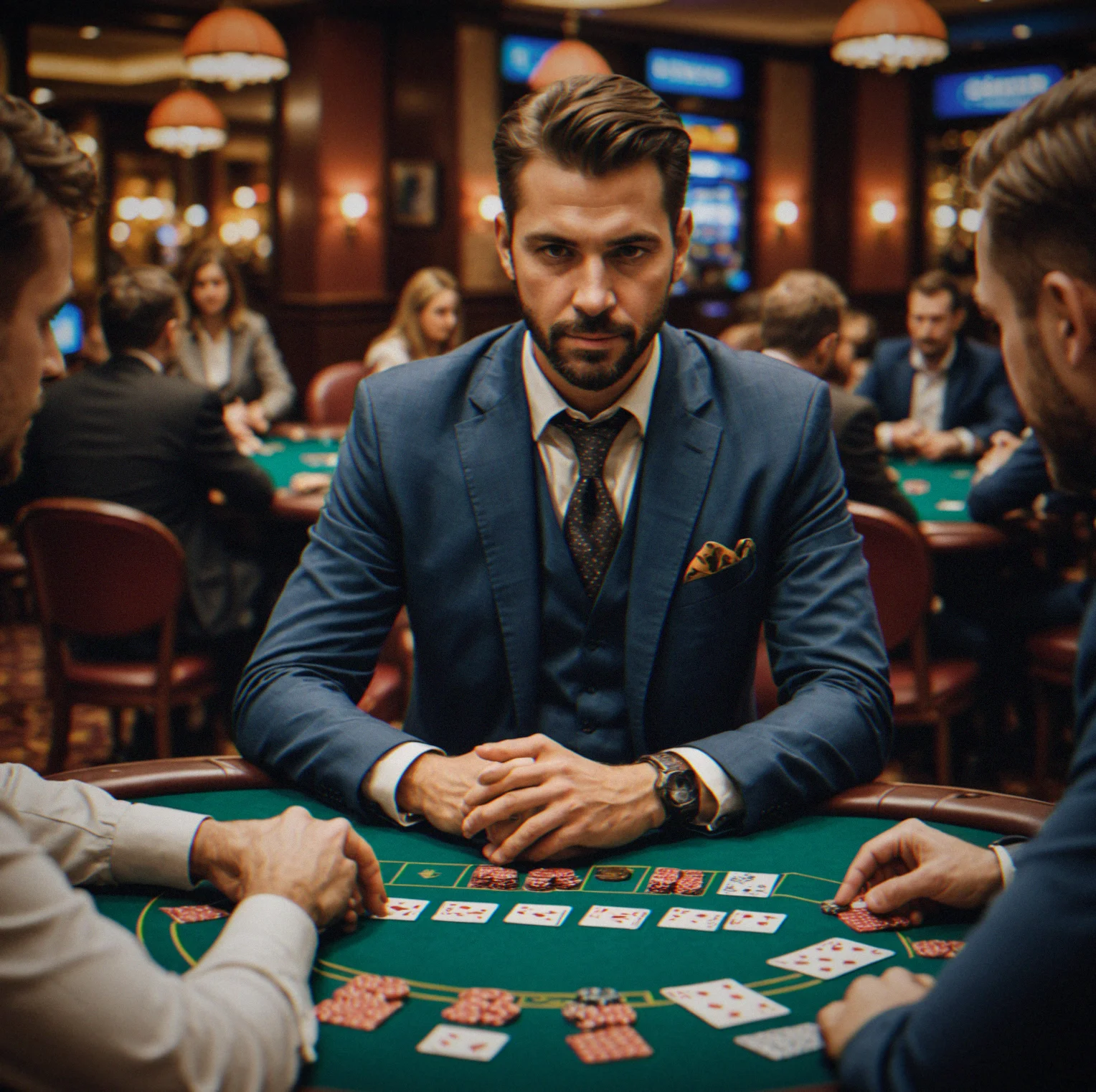 Dealer instructing new players on poker rules and hand rankigns at table