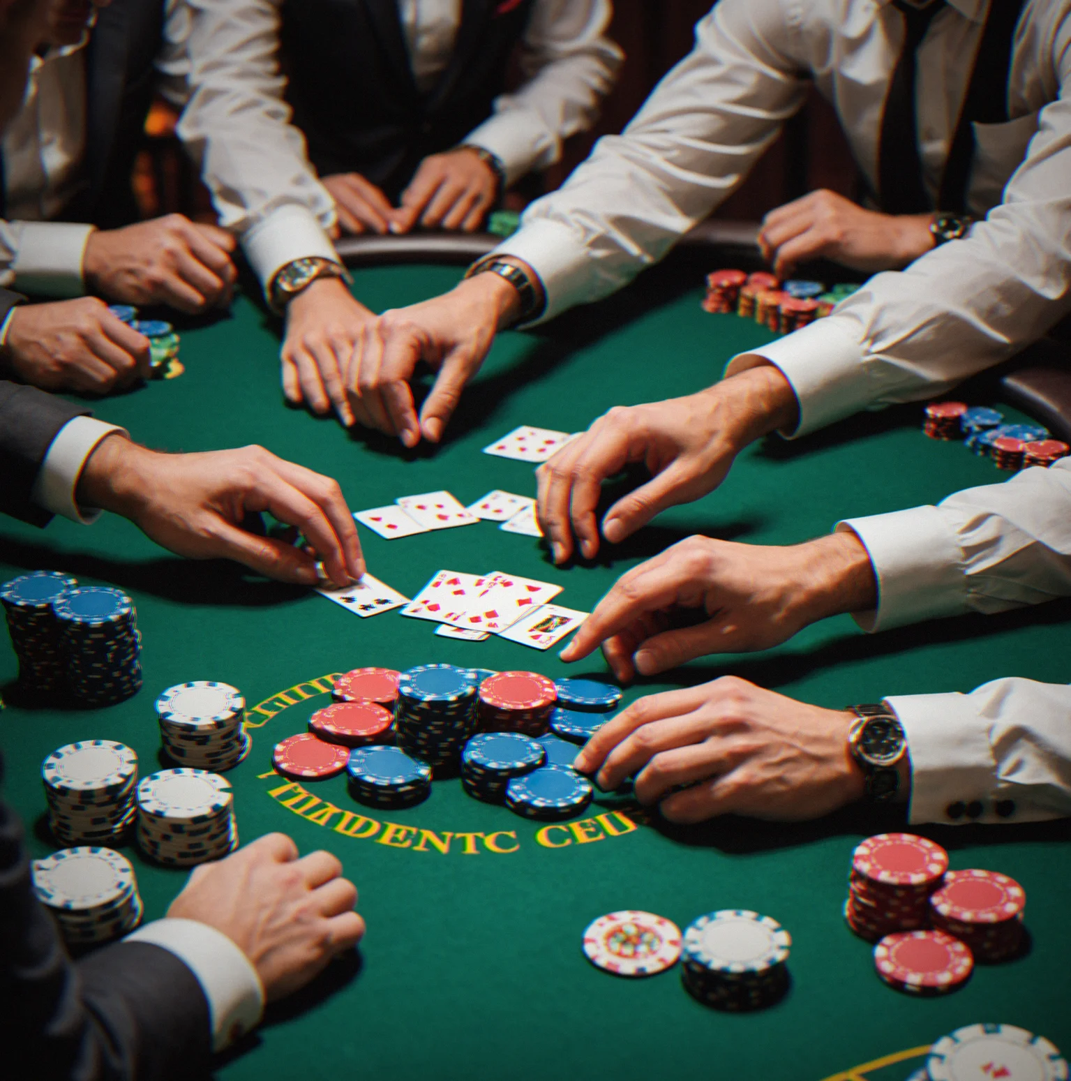 Active poker game with six players, dealer managing action, chips in motion