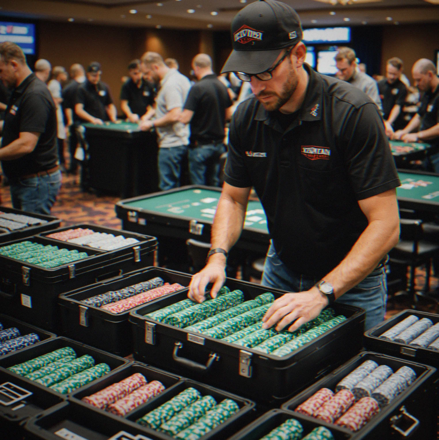 Event staff breaking down and packing professional poker equipment into storage cases