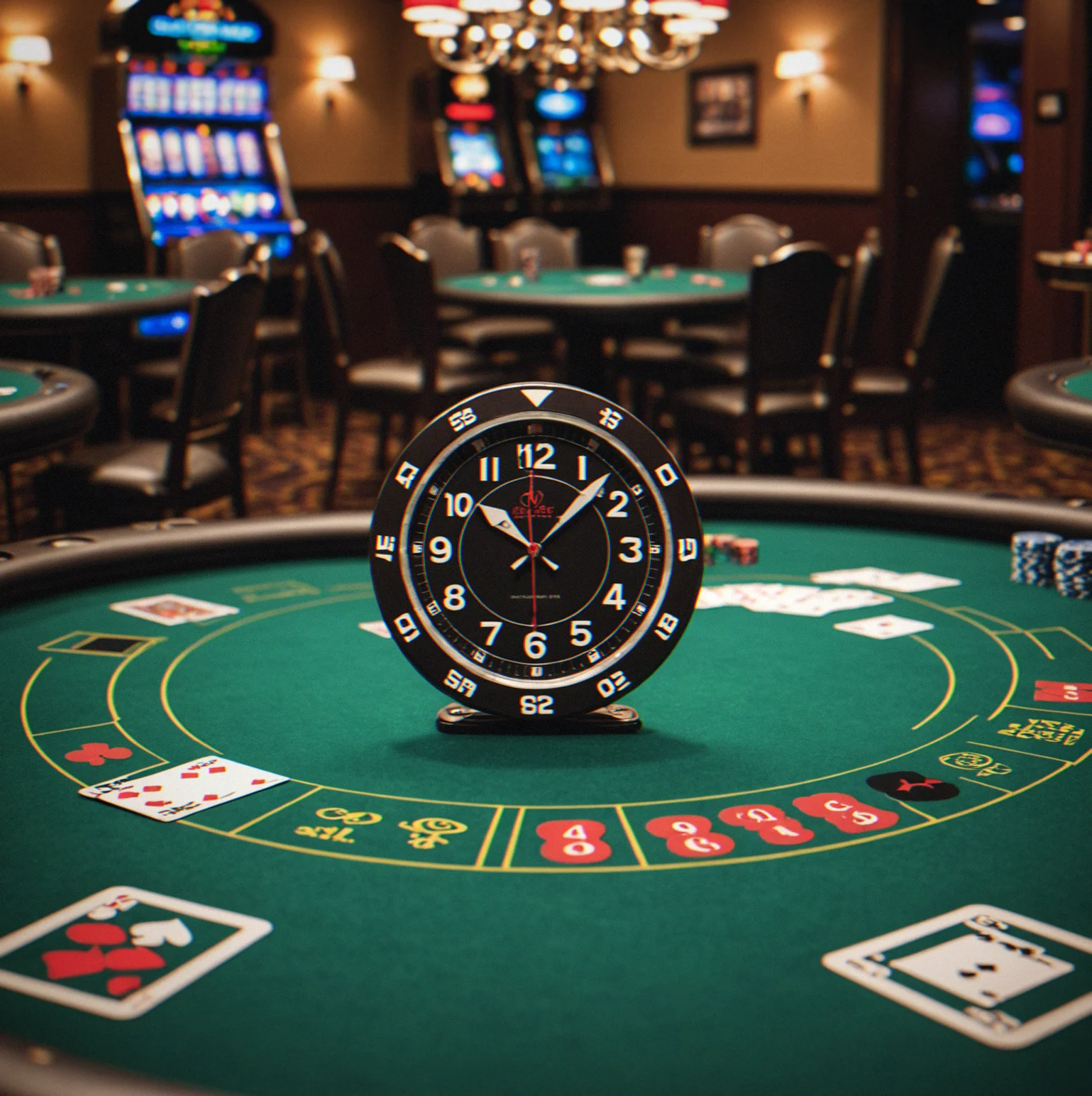 Single professional poker table setup with clock showing four-hour duration