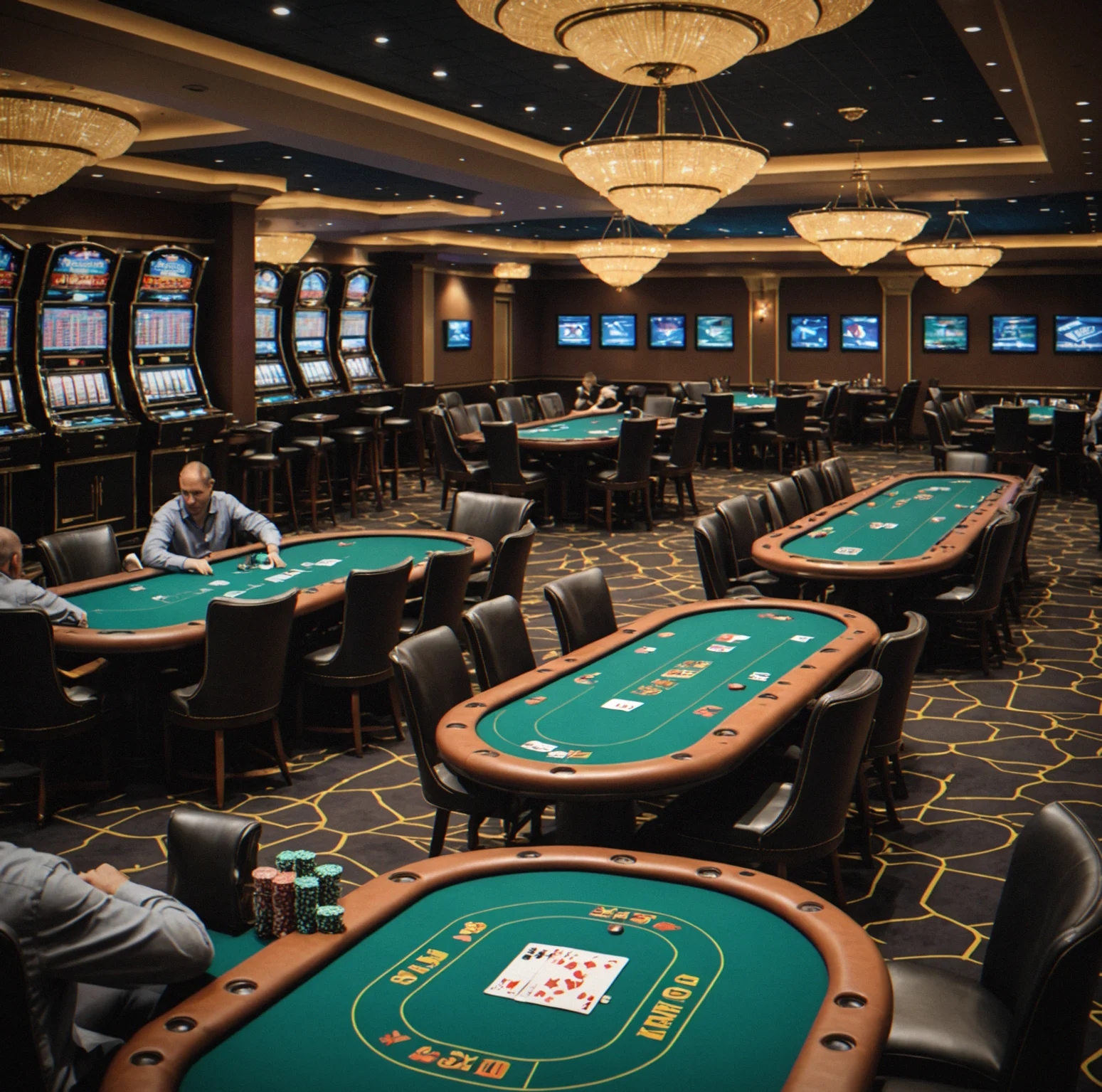 Two professional poker tables running simultaneously with multiple dealers managing separate games