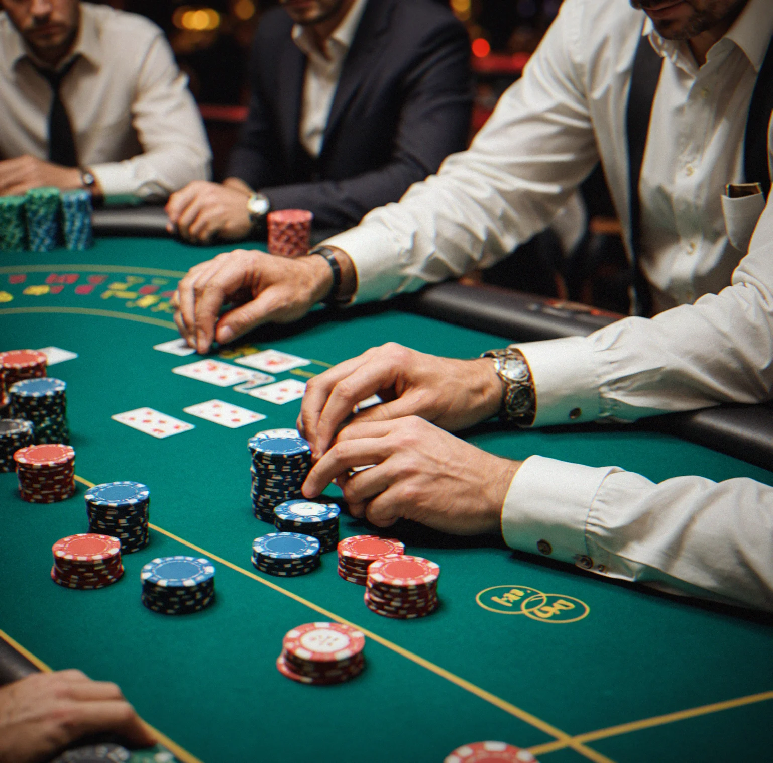 Professional dealer in position at a poker table managing chip distribution