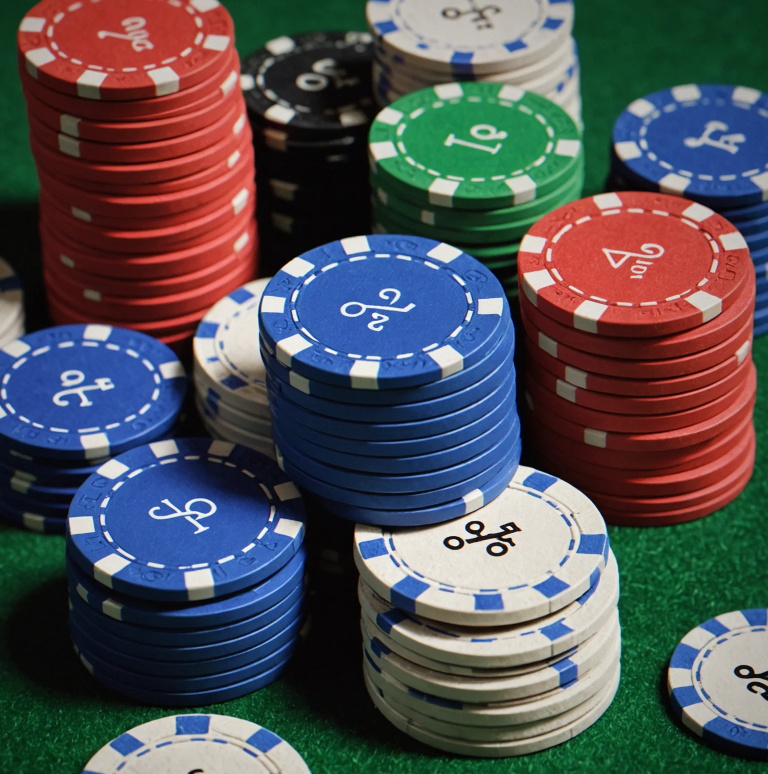 Stack of clay composite poker chips arranged by denomination showing color and texture