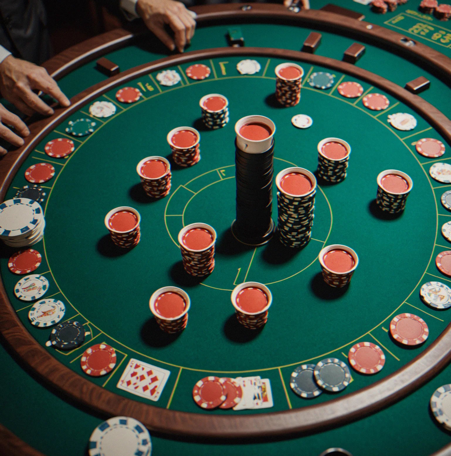 Close-up of tournament-grade felt table surface with cup holder and chip rack