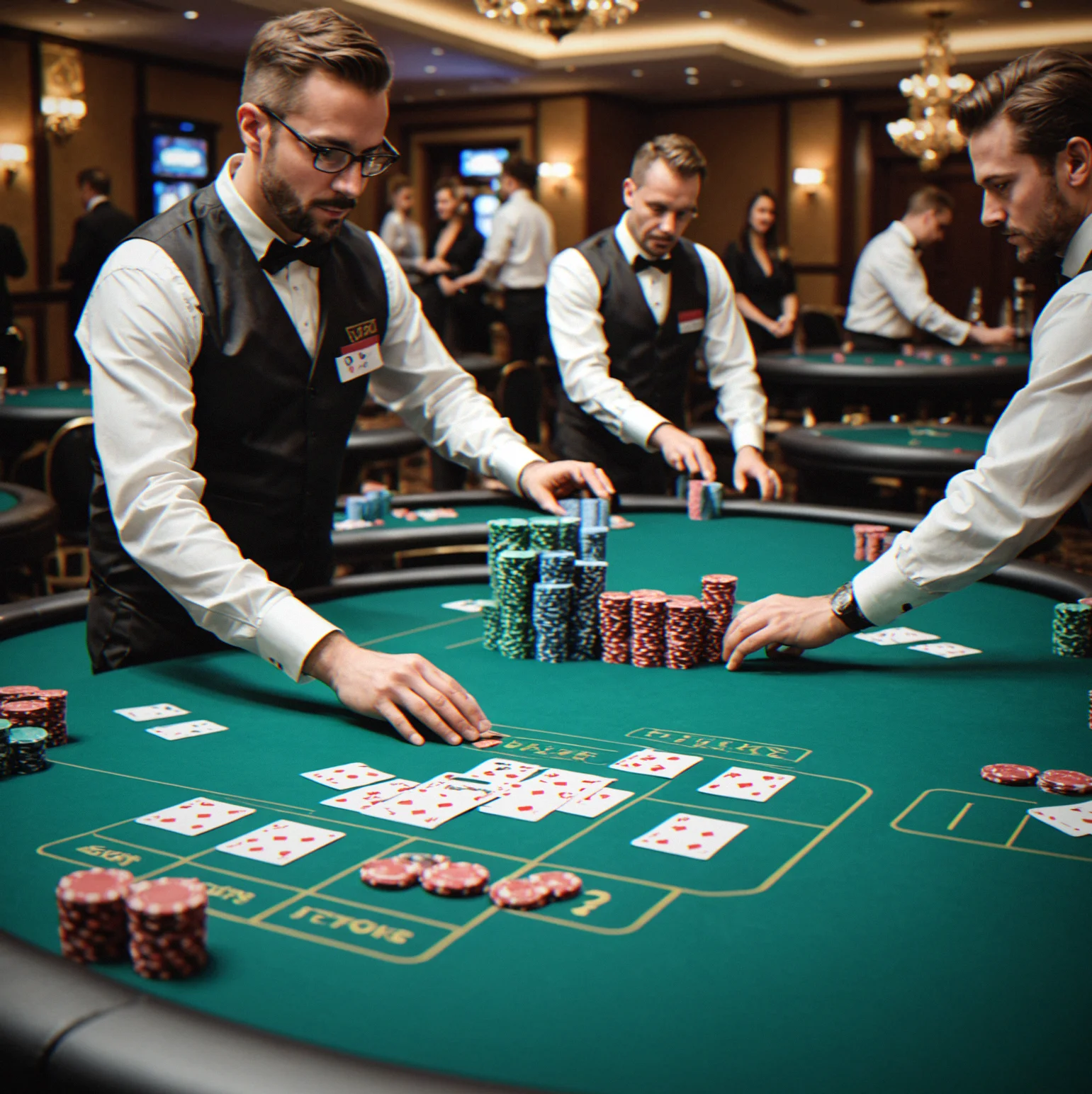 Event staff setting up poker table with equipment and preparation materials