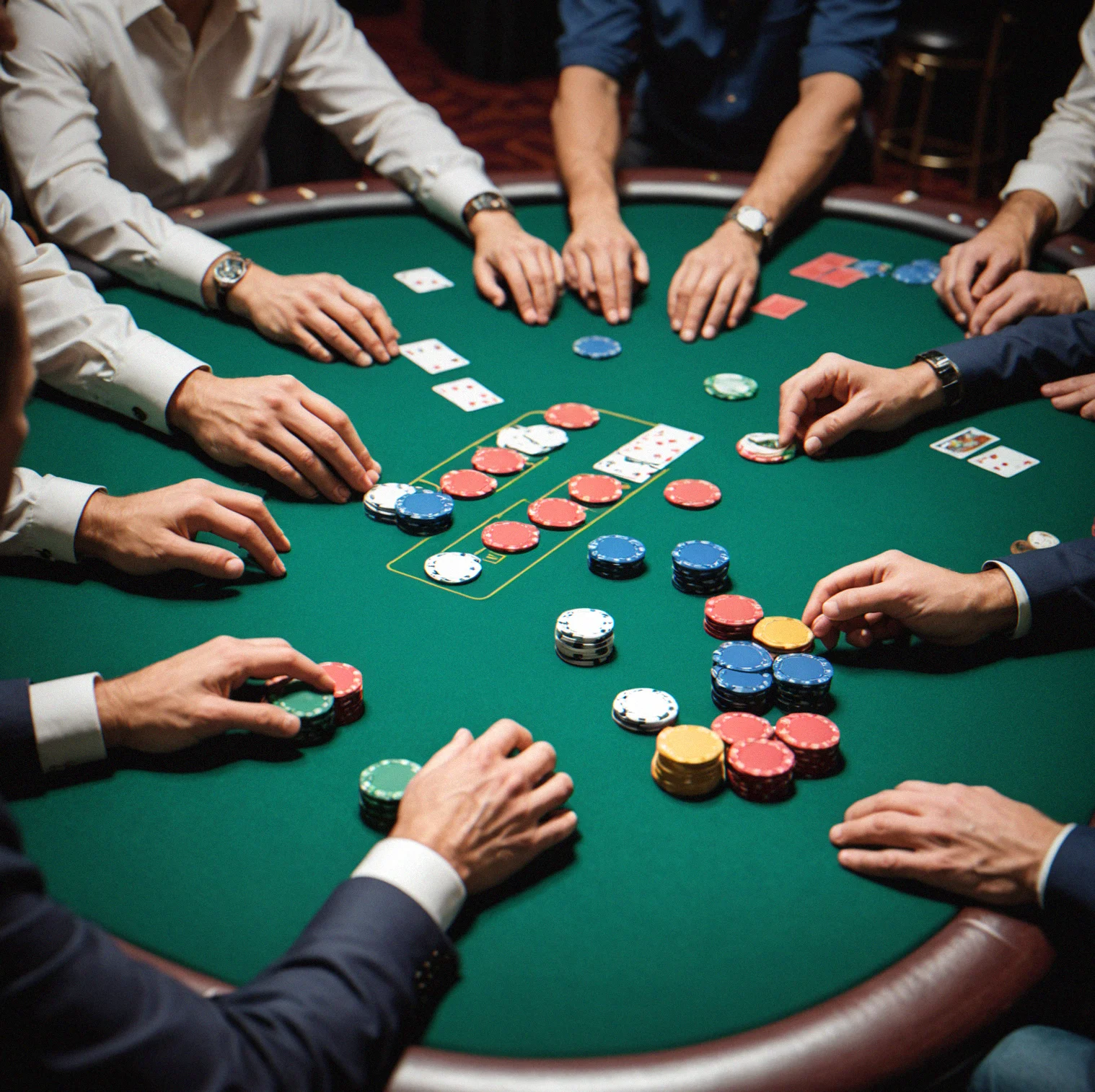 Full poker table with six players, clay chip stacks organized by color, professional felt surface, and dealer button positioned