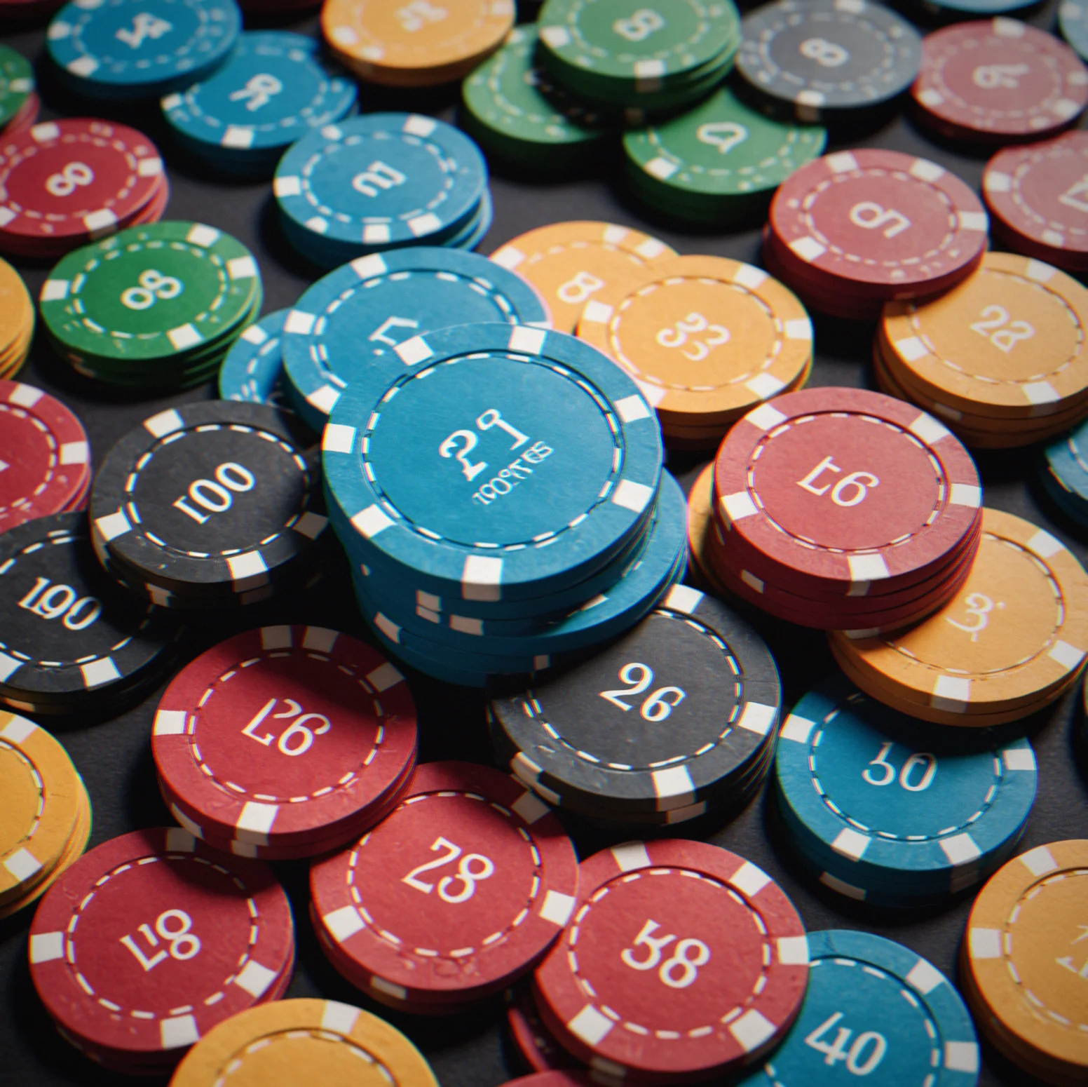 Close-up of clay composite chips stacked in organized rows showing tournament-grade chip set