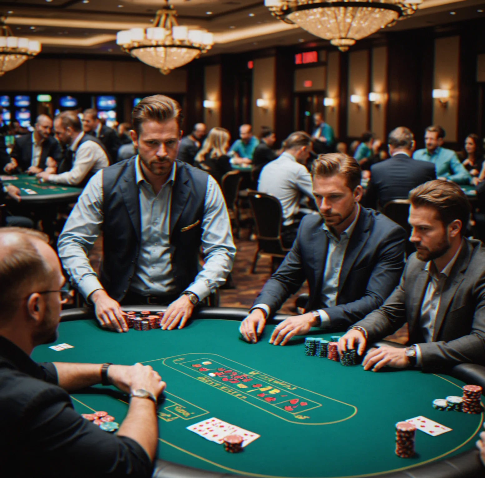 Two poker tables running simultaneously in a corporate event space with dealers managing separate games