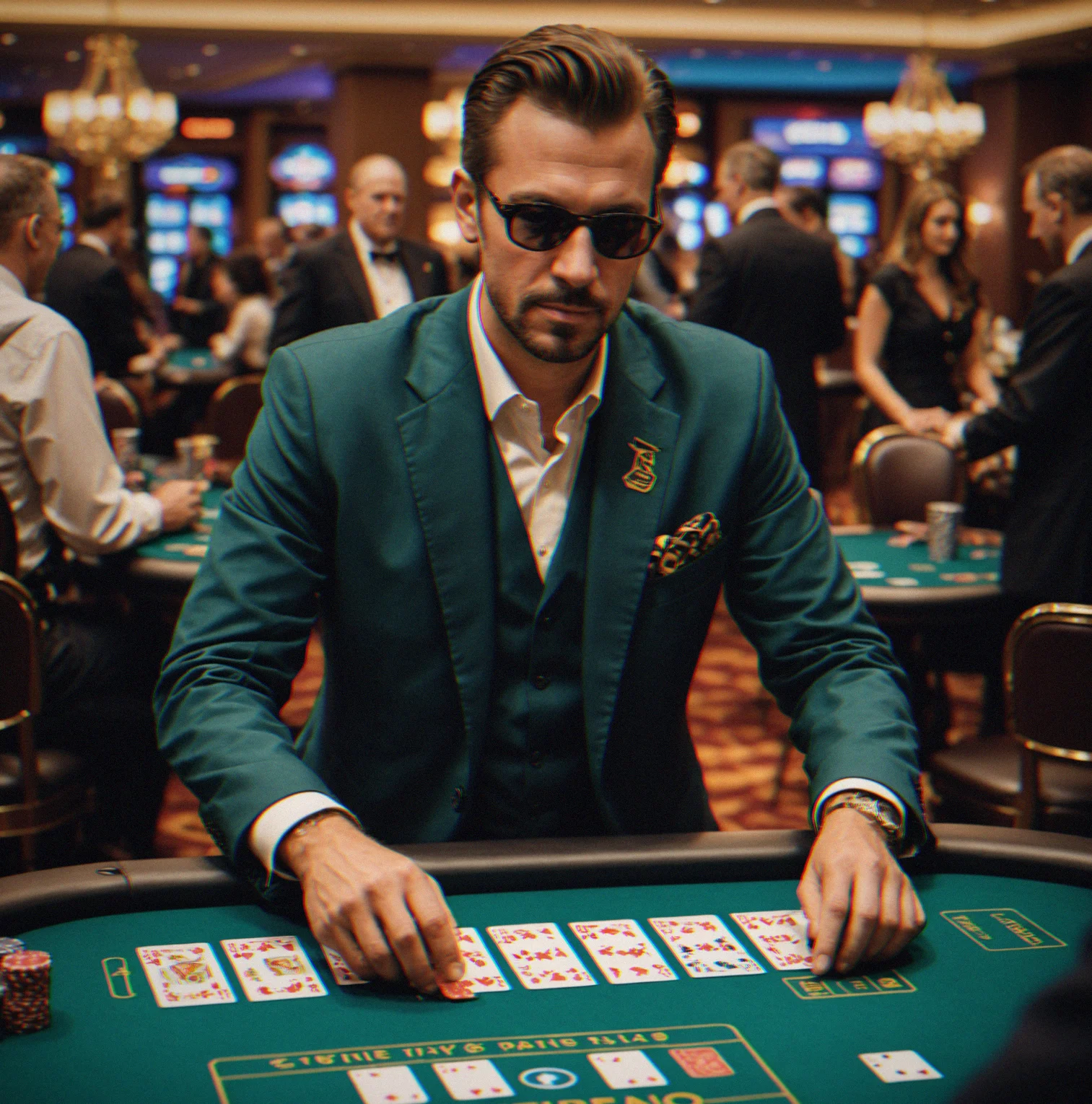 Dealer distributing cards at a 9-max table with printed blind schedule visible and chip racks in place