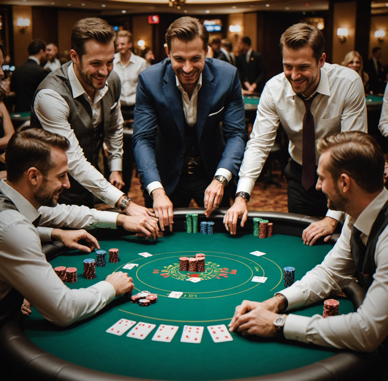 Corporate team gathered around a poker table during a team-building event, engaged and smiling