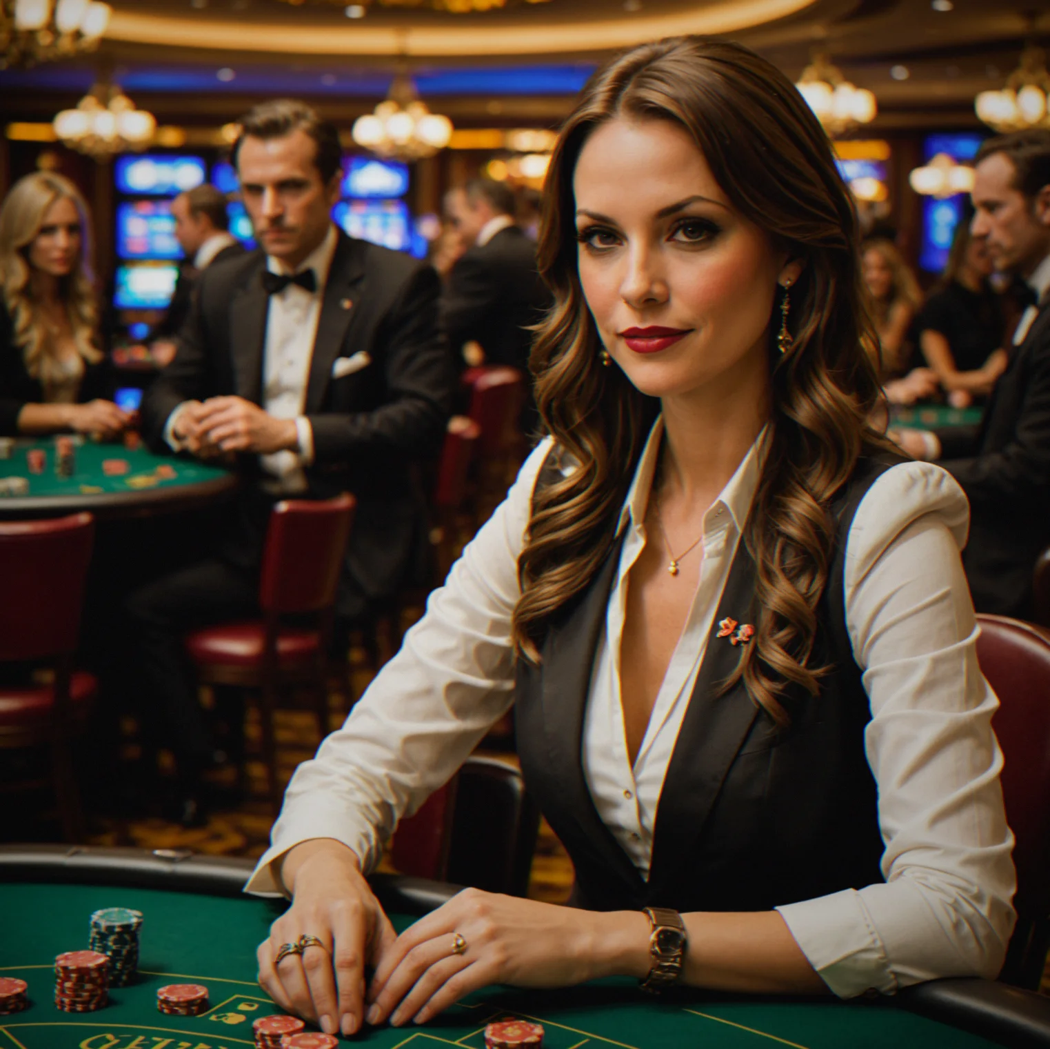 Tournament running with two professional dealers at separate tables, blind markers clearly marked, chips distributed evenly across six players per table