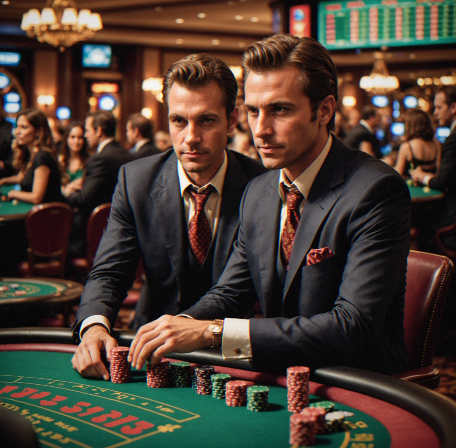 Corporate team event with eight players at a professional poker table, actively playing with a printed blind schedule sitting at the dealer spot
