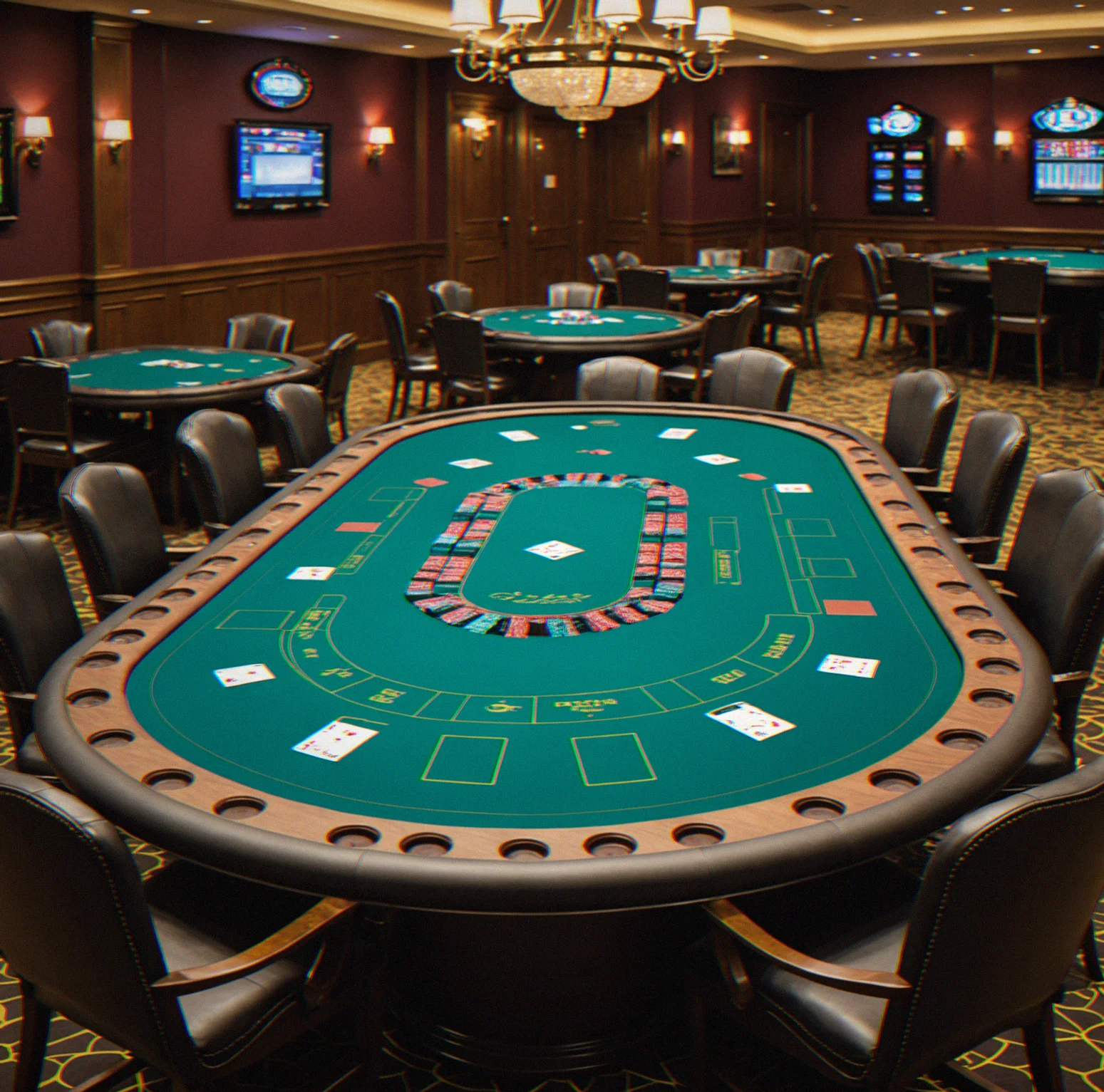 Nine-seat poker table with perfect felt, dealer button in the right spot, chip racks sorted by value