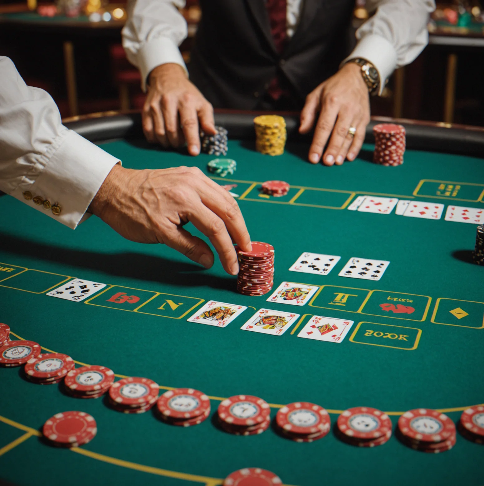Dealer running the action with blind markers visible and chips moving where they should