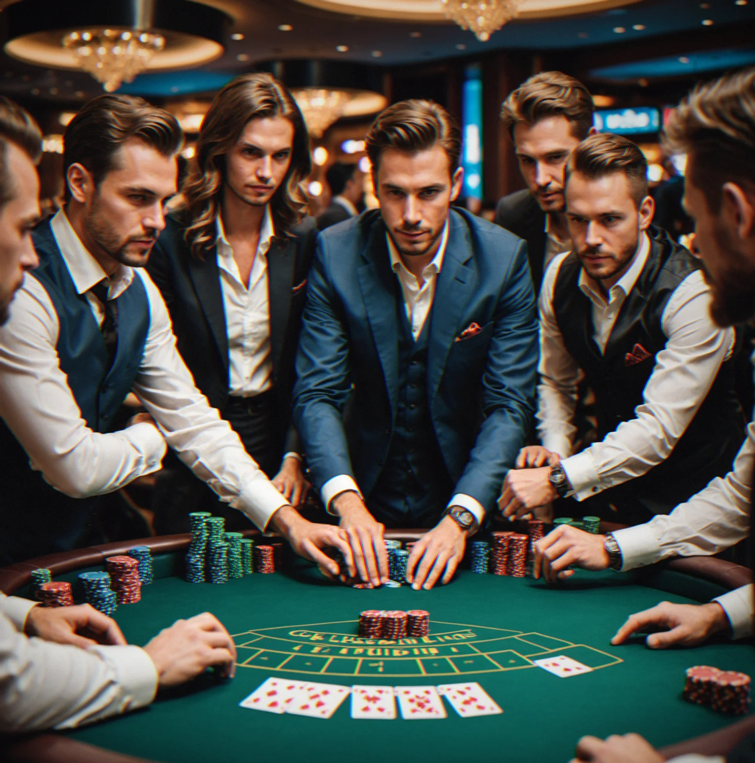 Team focused on their game around a professional table, cards and bets moving, atmosphere stays sharp