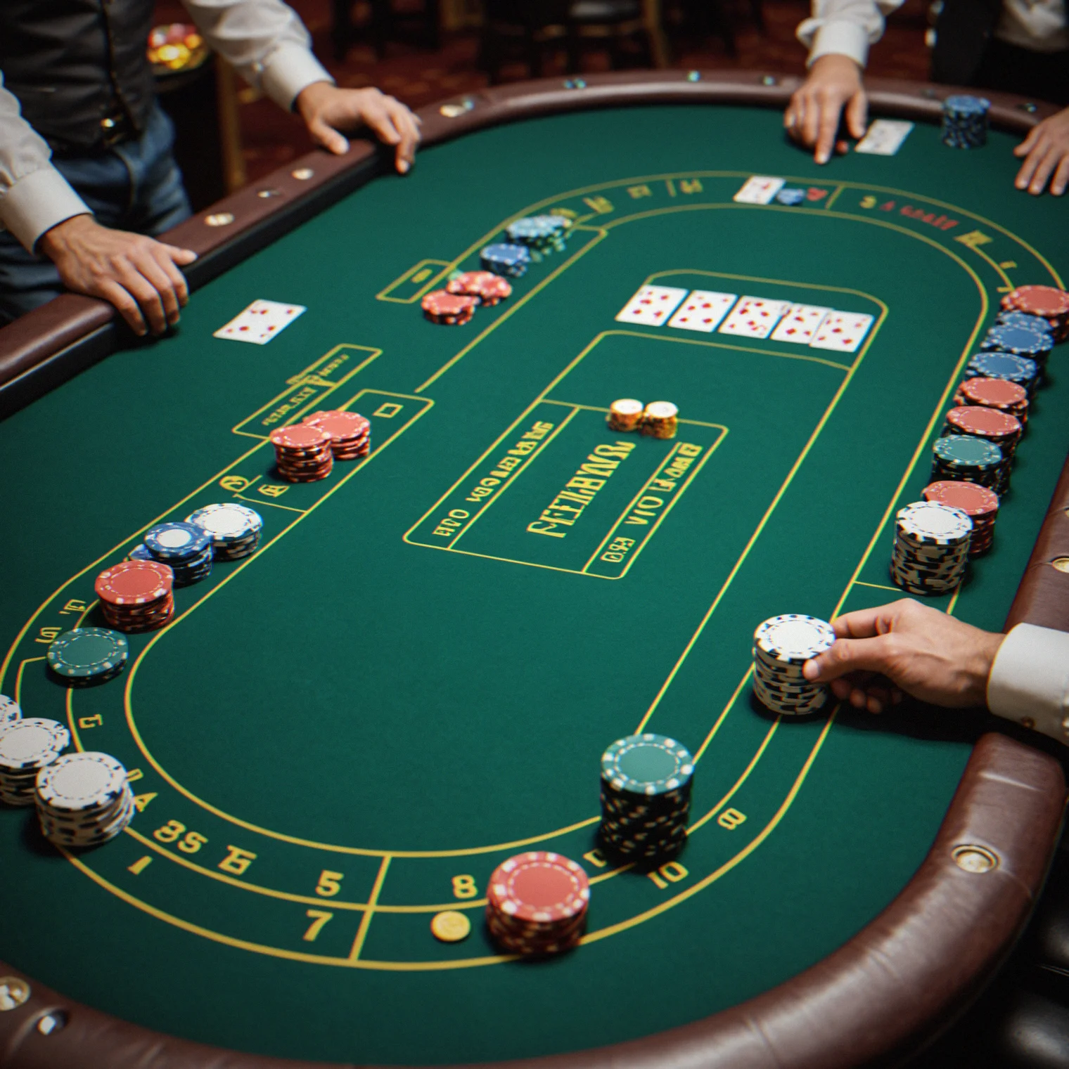 Professional poker table with clay chips, dealer position, and felt surface ready for play