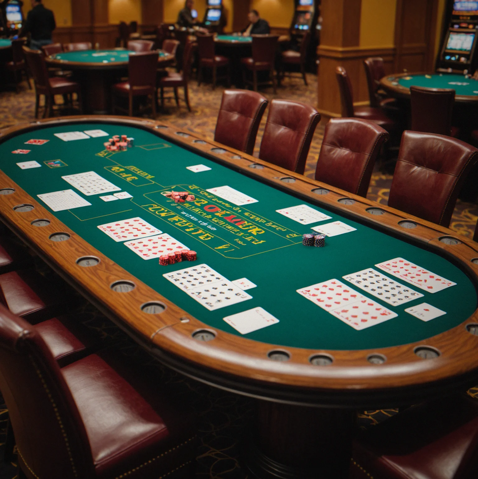 Poker table with tournament brackets and a calendar showing upcoming events