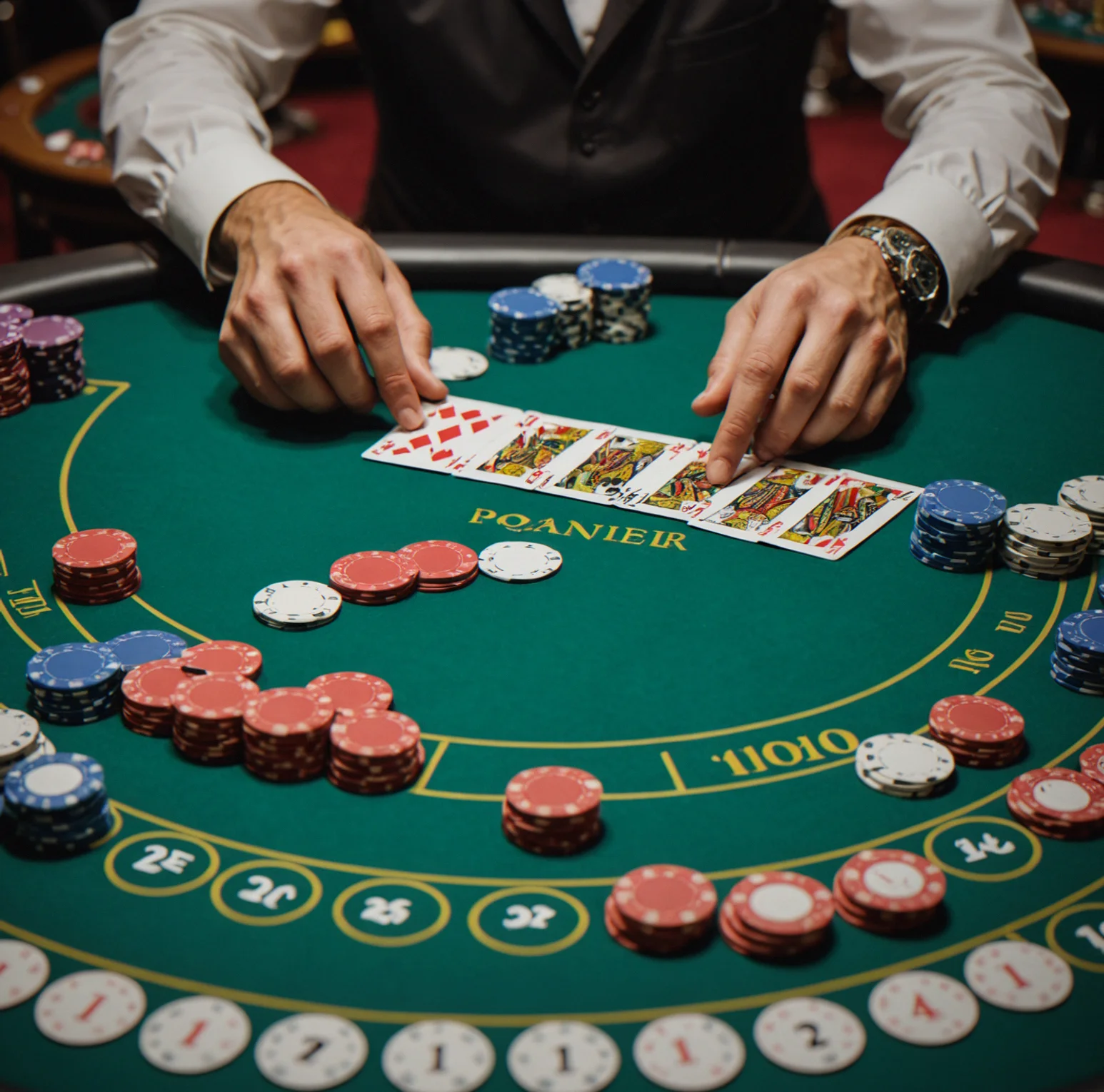 Professional dealer managing a poker table with organized chip stacks and tournament markers
